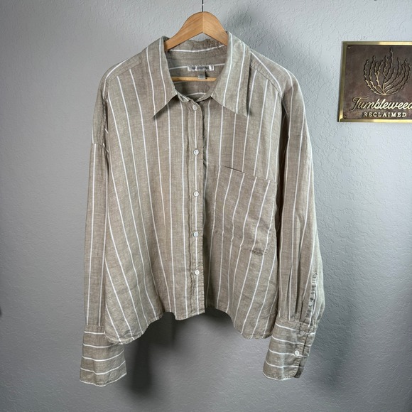 Banana Republic Womens XXL Tan White Striped 100% Linen Boxy Cropped Shirt - Picture 2 of 8